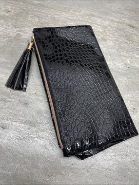 Unbranded Foldover Clutch Women OS Black Excellent Croc Embossed Tassel Zip